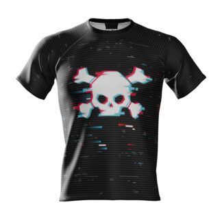 Mockup de la parte delantera de camisetas de Running Run Or Die Glitch Unisex de color negro con líneas glitch y una calavera blanca en el pecho