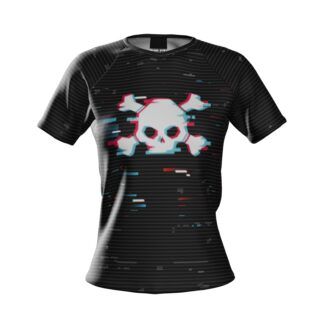 camiseta de running mujer Run Or Die Glitch mockup delantera en color negro con líneas glitch y una calavera blanca en el pecho